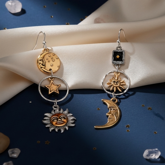 🆕️Boho Chic Sun Moon Star Asymmetrical Dangle Earrings | Celestial Vibes 🌞⭐ - Picture 4 of 8